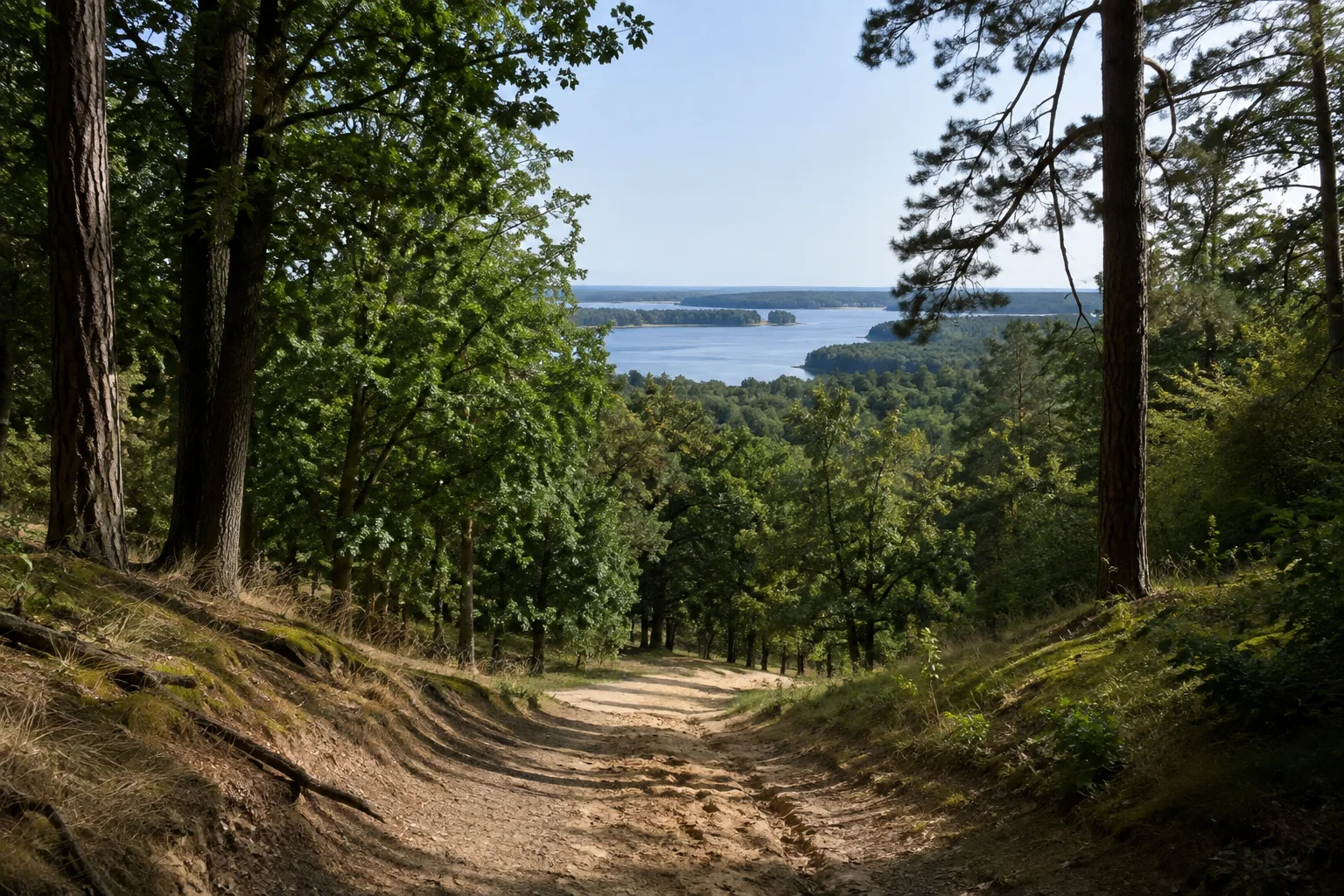 Ruppiner Schweiz: sandiger Waldweg über mäßig gewellte Hügel unter Buchen und Kiefern