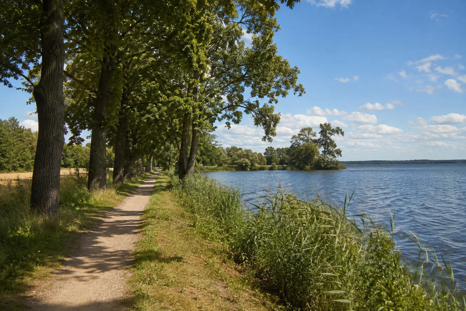Neuruppin: Neuruppiner Seeufer: breiter langgestreckter See neben einem grünen landseitigen Weg mit einzelnen alten Bäumen