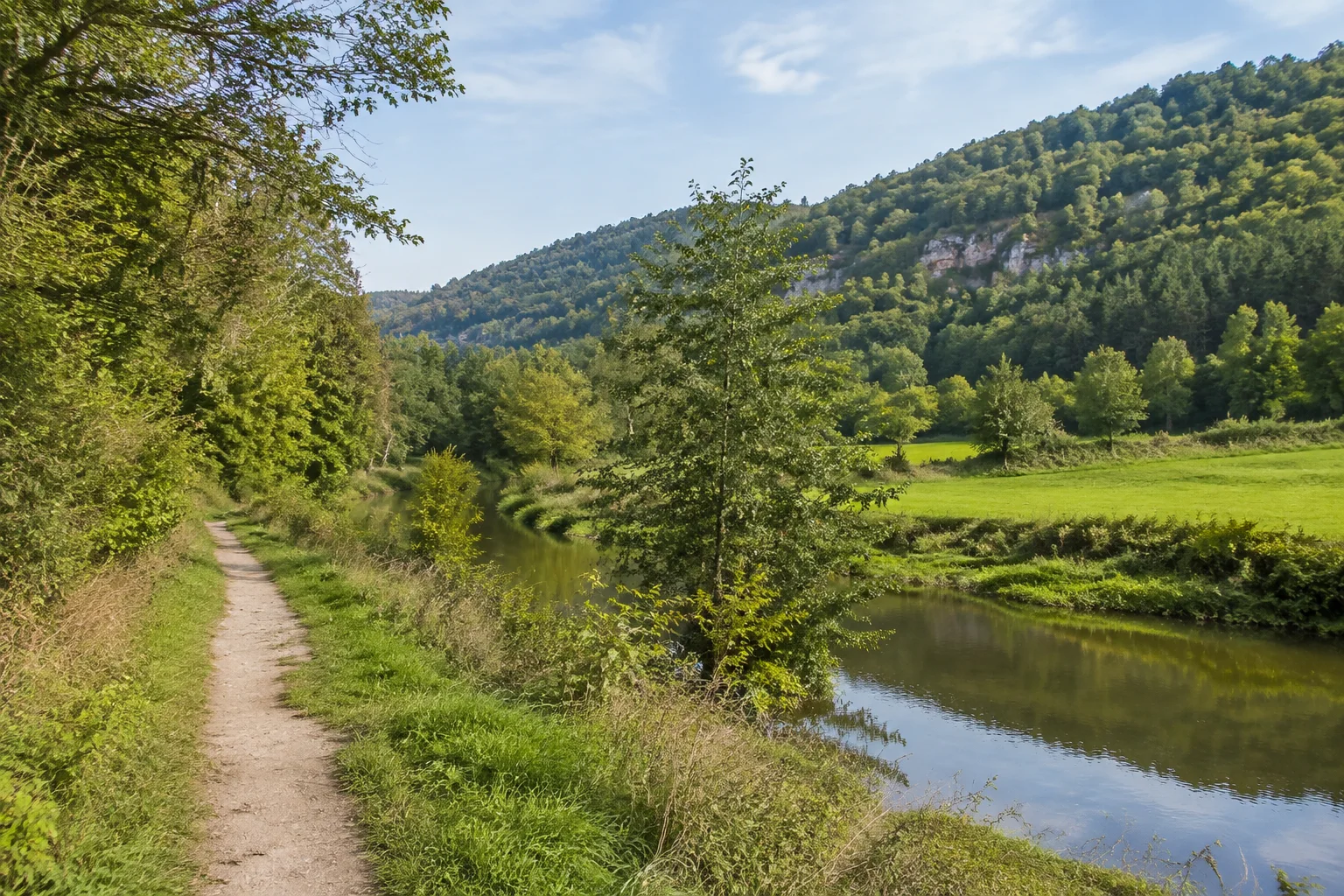 Nahetal bei Nohfelden: kleiner Fluss mit Uferbäumen, grünen Talwiesen und niedrigen felsdurchsetzten Waldhängen.