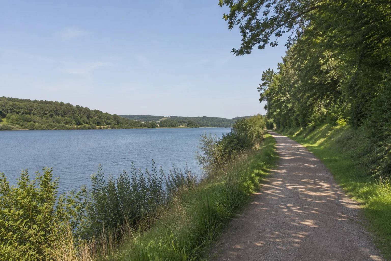 Nohfelden: Nohfelden: Bostalsee bei Bosen: breiter ruhiger Stausee mit niedrigen bewaldeten Ufern und einem landwärtigen Wanderweg, keine Felsberge.