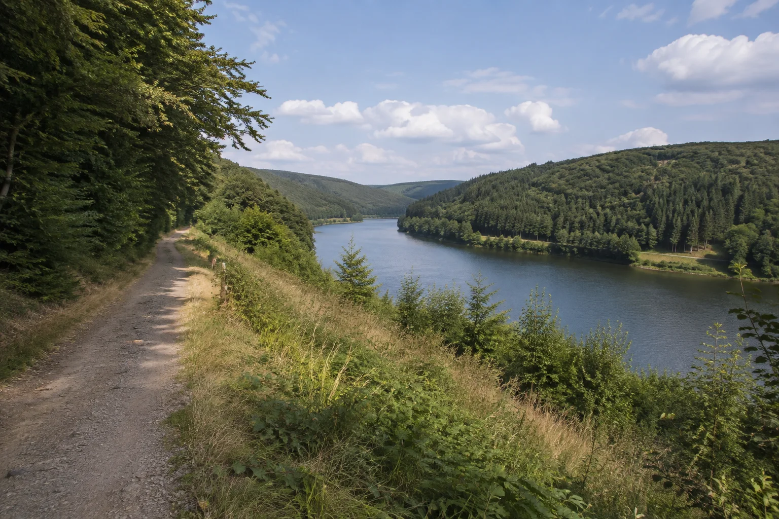 Nonnweiler: Nonnweiler Talsperre: schmaler gewundener Stausee zwischen dicht bewaldeten Hochwaldrücken, breiter öffentlicher Weg oberhalb des Ufers.