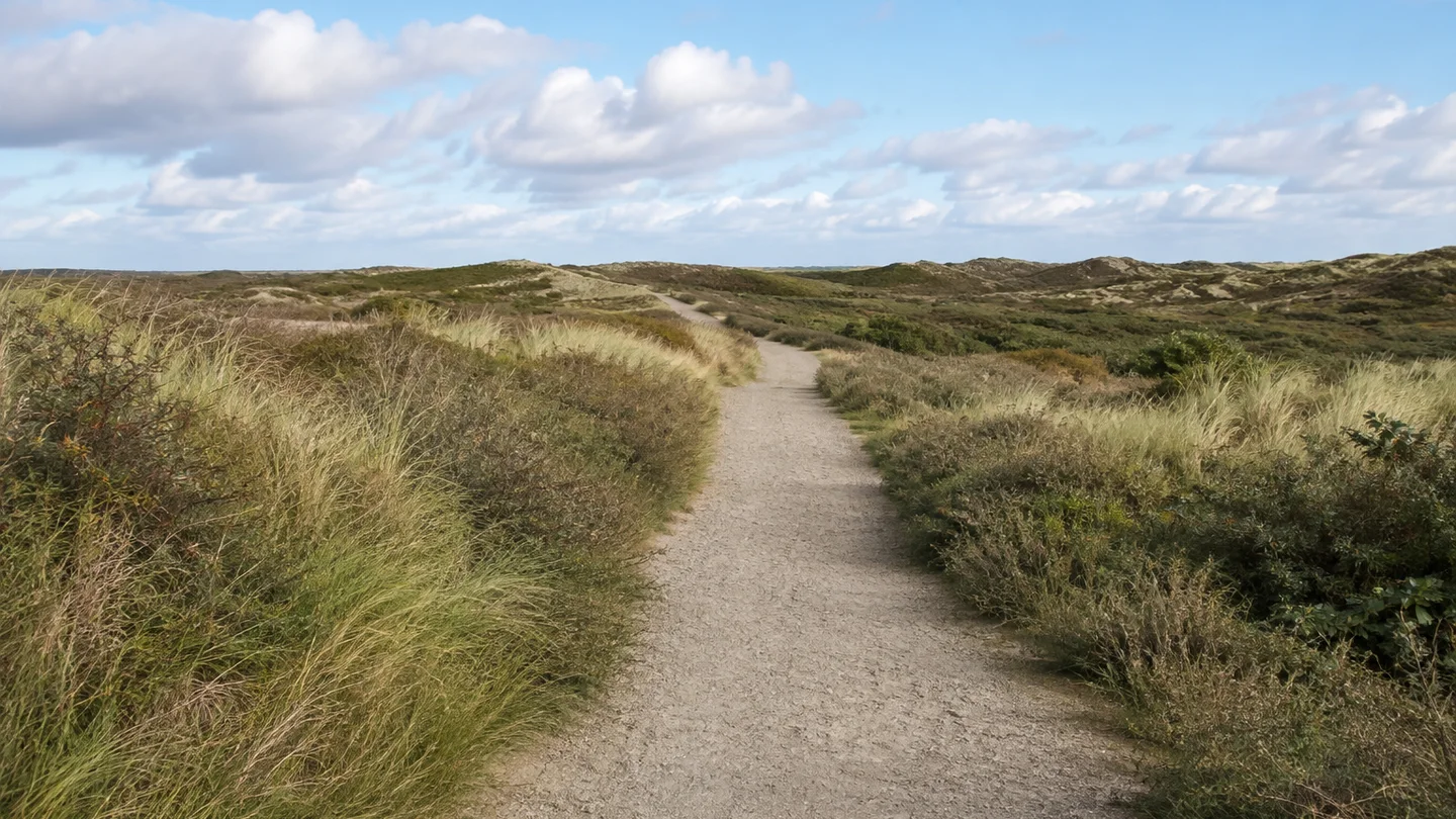 Norderney: KI-Visualisierung zur Startregion Am Kurplatz, Norderney – Breiter bestehender Weg durch grasbewachsene Dünen, niedrige Büsche und weiter norddeutscher Himmel