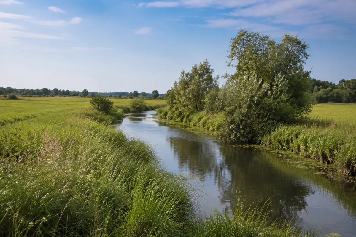 Lecker Au: Kleiner ruhiger Tieflandfluss zwischen Wiesen und Erlen ohne Berge