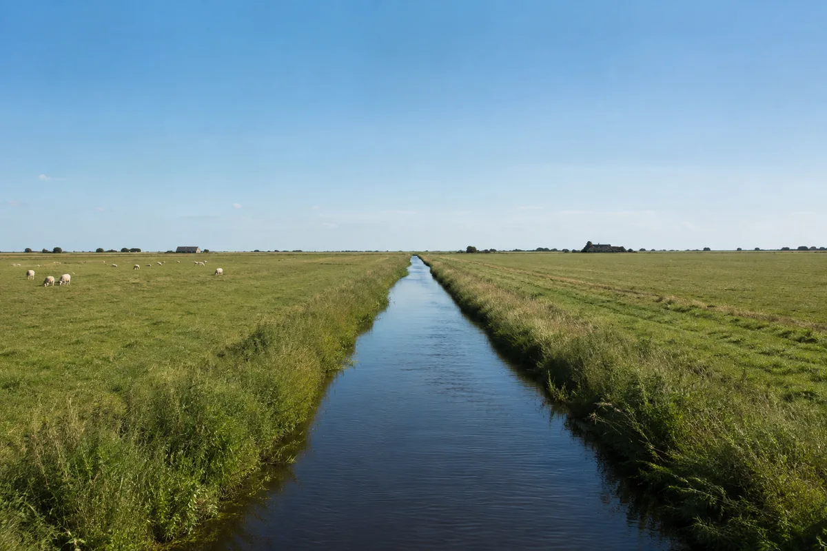 Marsch bei Langenhorn: Gerader schmaler Wassergraben zwischen ebenen Weiden mit vereinzelten niedrigen Höfen in großer Ferne