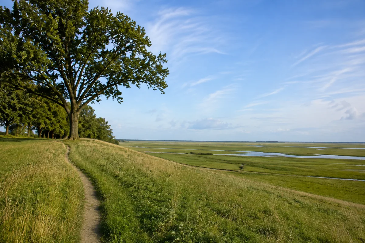 Nordfriesland: Husum: Nordfriesischer Geestrand: Grüne Wiese am sanft erhöhten Geestrand mit Eichen und weitem flachem Marschhorizont