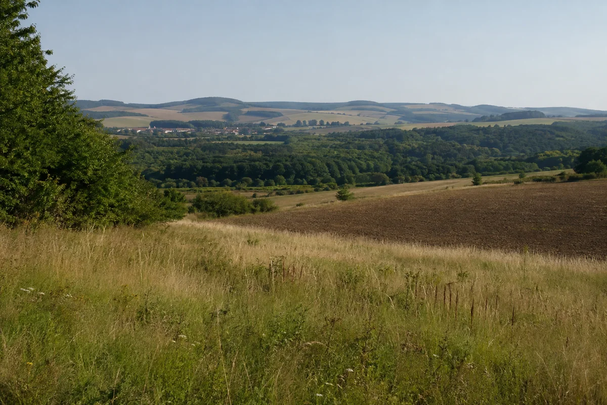 Wiesenstreifen und Acker am Hang bei Buchholz in Nordhausen, kleines Dorf nur fern angedeutet und dunkler Waldsaum