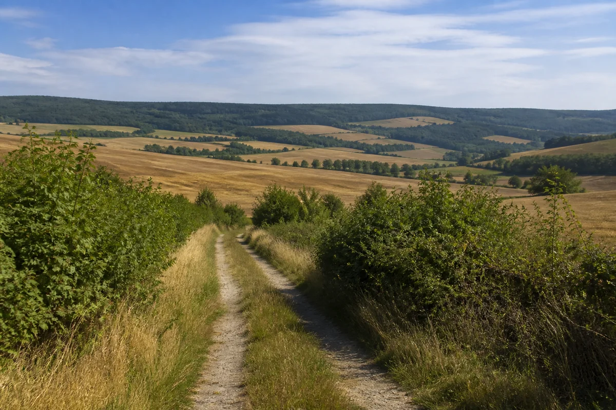 Ländlicher Weg zwischen Hecken und hügeligen Ackerfluren bei Petersdorf Nordhausen, südliche Harzhänge im Hintergrund
