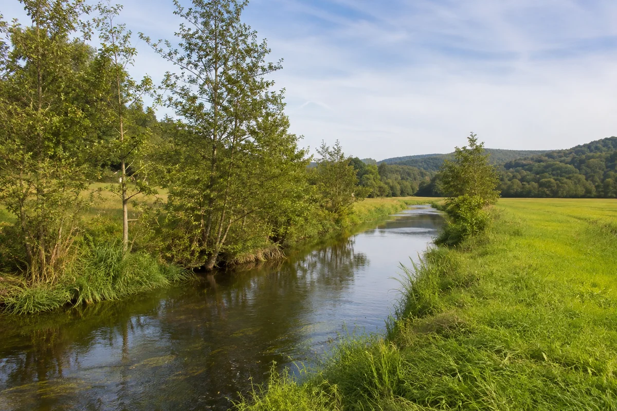 Schmale ruhige Rhume mit Gras- und Erlenufern bei Hammenstedt, flache grüne Aue und niedrige Hügel
