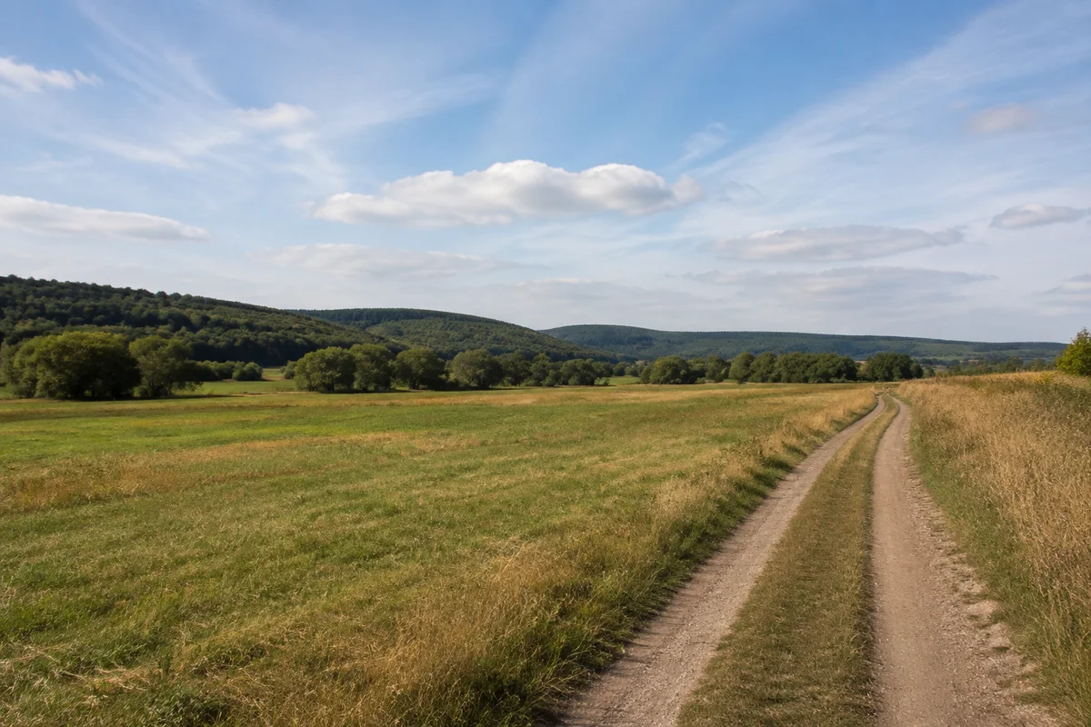 Breite offene Leinetalwiesen bei Höckelheim, Feldweg, Ufergehölze in der Ferne und sanfte bewaldete Höhen