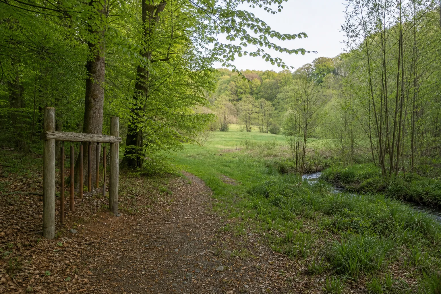 Waldweg mit Klangelement am Spreitger Bach in Nümbrecht