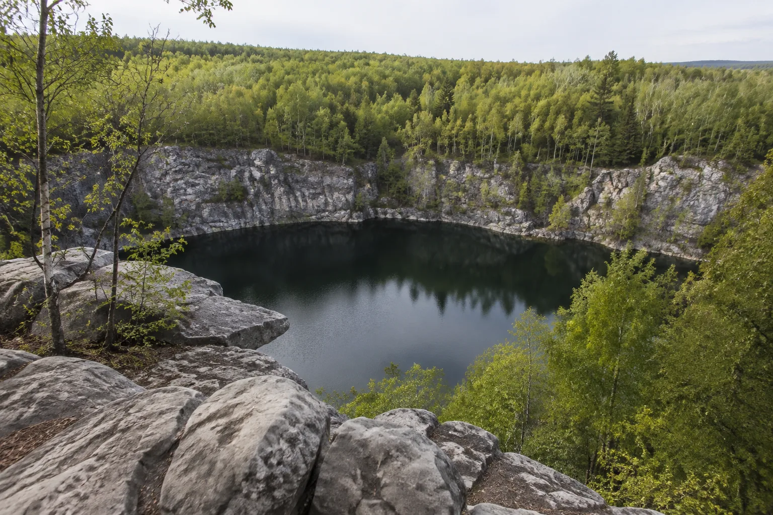 Königshainer Berge: helle Granitfelsen und stillgelegter Steinbruch im Wald