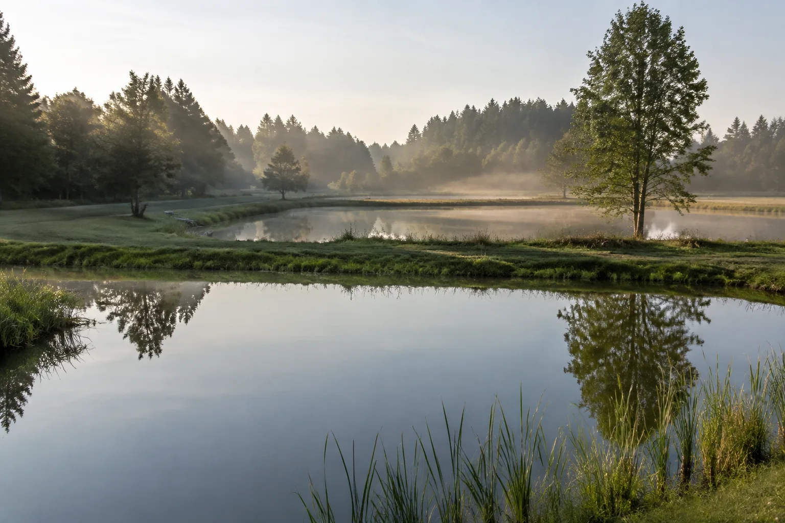 Teichpfanne: weite Kette stiller Teiche zwischen Wald und Wiesen