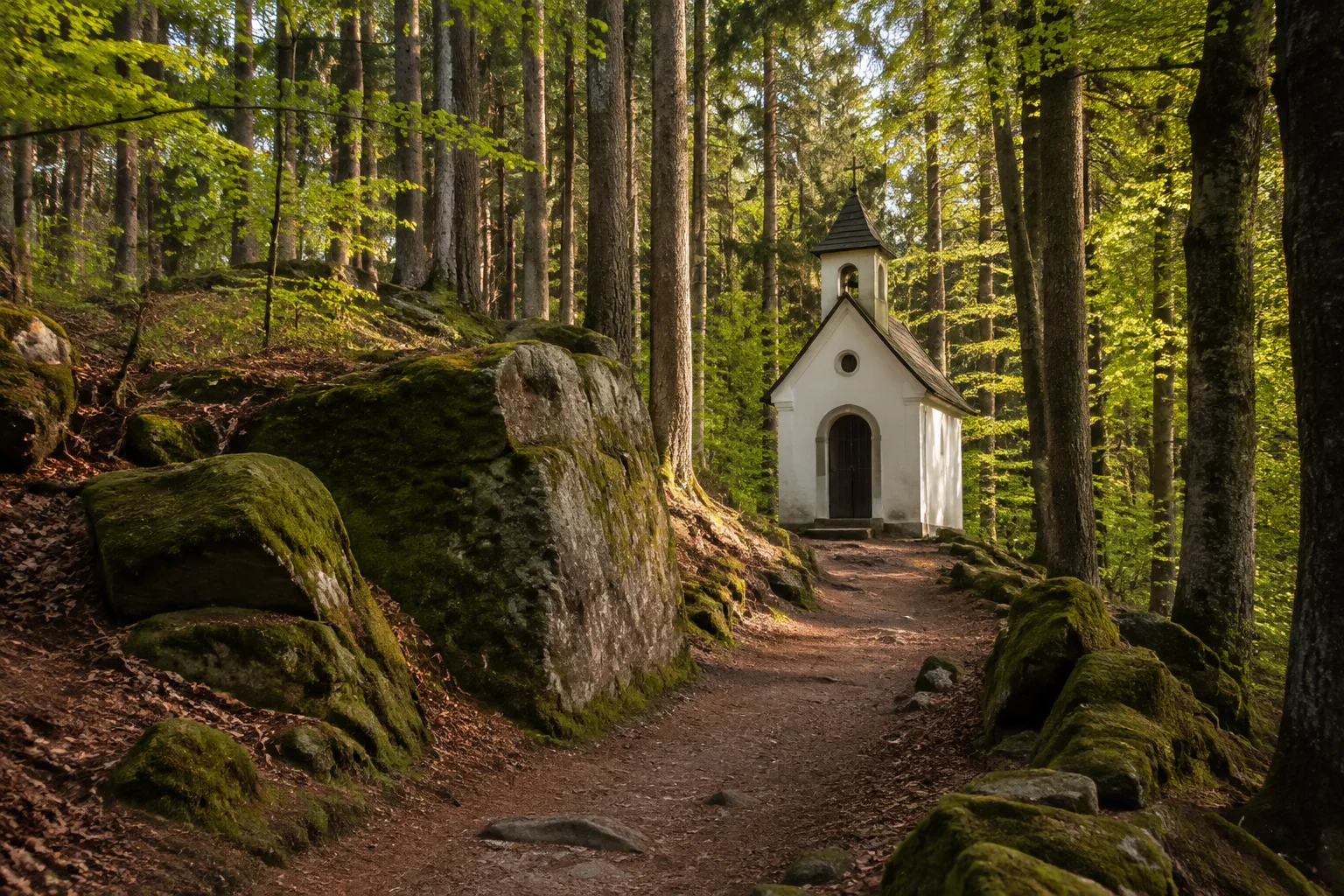 Grenzwald: ruhiger Waldweg mit Granit und kleiner Kapelle