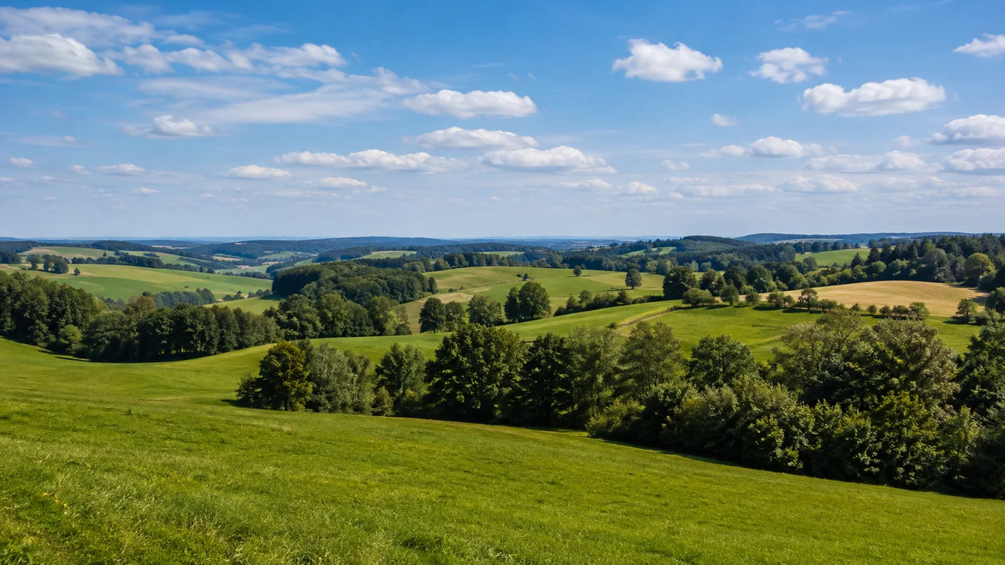 Oberschwaben: Bad Waldsee Haus am Stadtsee: Oberschwäbische Moränenhügel: Sanft wellige grüne Wiesenlandschaft mit Feldgehölzen und kleinen Mischwaldinseln, keine hohen Berge