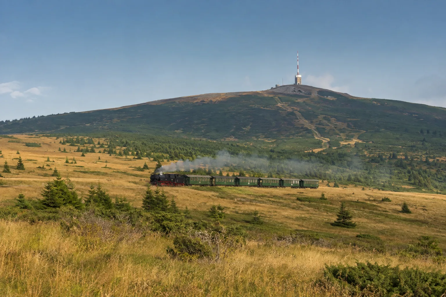 Neudorfer Wiesen: offene Bergwiesen mit Fichtelbergbahn in der Ferne