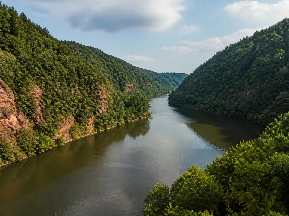 Neckartal-Odenwald: tief eingeschnittenes Flusstal zwischen bewaldeten Sandsteinhängen
