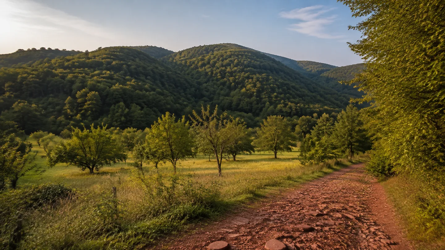 Odenwald: Odenwald: sanfte bewaldete Kuppen über Streuobstwiesen und rotem Sandsteinweg