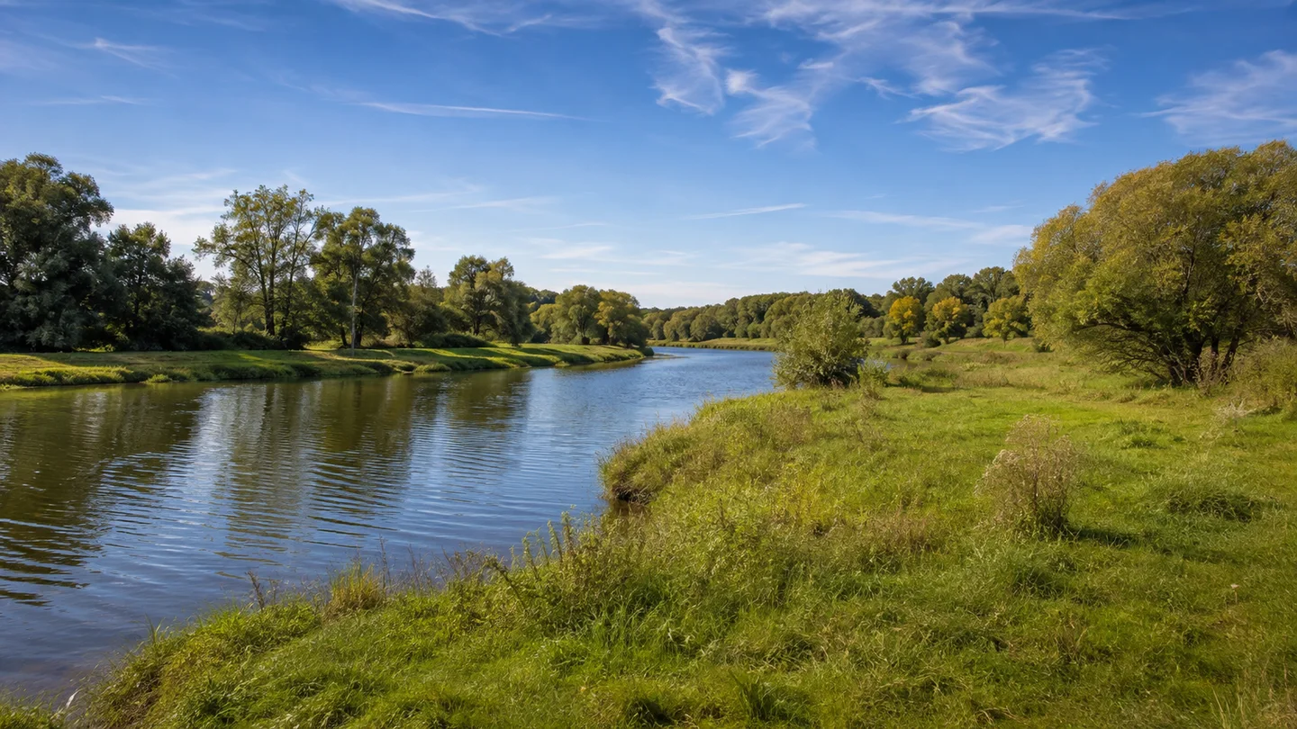 Offenbach am Main: Rumpenheim Fähranleger: Offenbacher Mainbogen: Breiter ruhig fließender Fluss mit flachen grünen Uferwiesen, Weiden und weitem Himmel