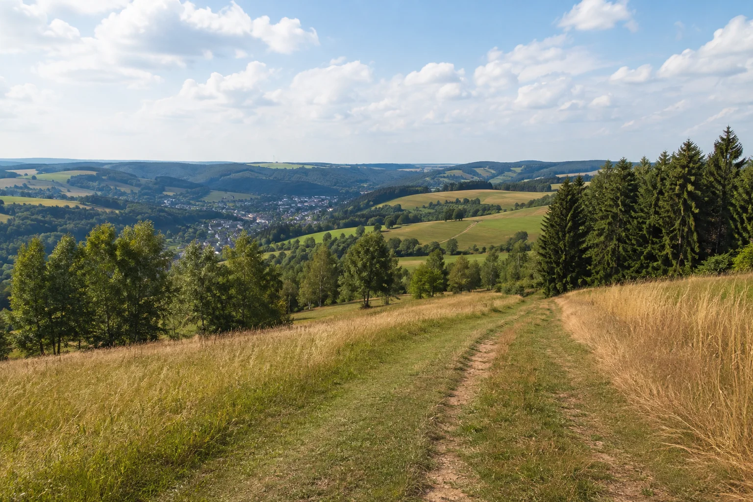 Dörnthaler Landschaft: sanfte landwirtschaftliche Höhen mit Grasweg und kleinen Baumgruppen