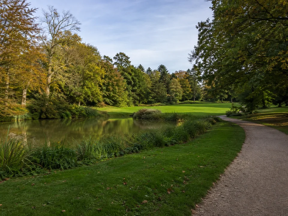 Oldenburger Schlossgarten: Englischer Landschaftsgarten mit geschwungenem Kiesweg, altem Laubbaumbestand und ruhigem kleinen Gewässer, gepflegte flache Wiesen, keine erfundene Schlossfassade