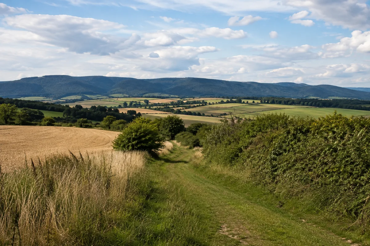 Sanft hügelige Ackerfluren bei Schwiegershausen mit Hecken, Grasweg und fernem dunklem Harzrand