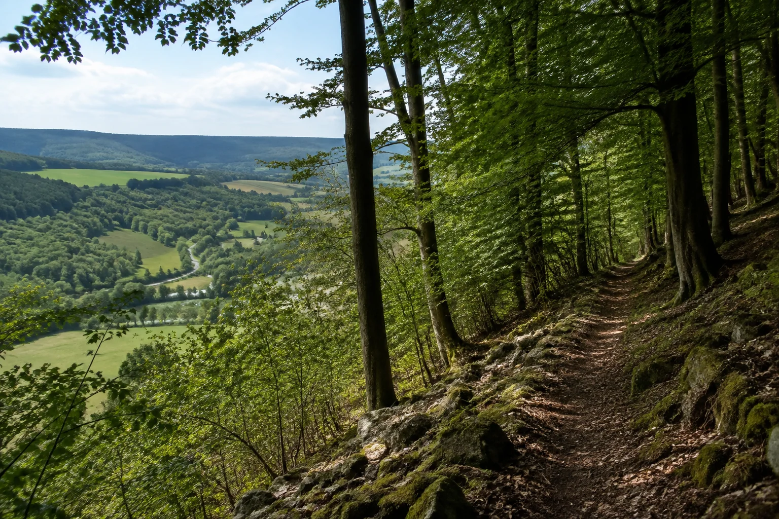 Lichtenburger Waldhang: schattiger Buchenweg über einem grünen Tal, einzelne Steine und dichte Baumkronen.