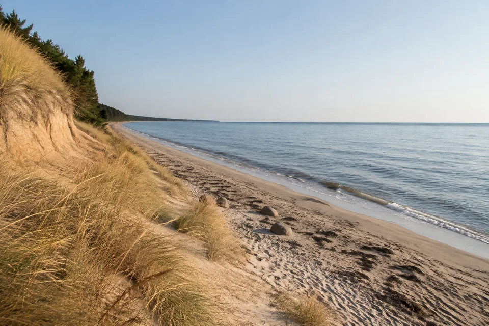 Lübecker Bucht: Breiter Sandstrand an sanft gebogener Ostseebucht mit flachem Horizont und weichen kleinen Wellen
