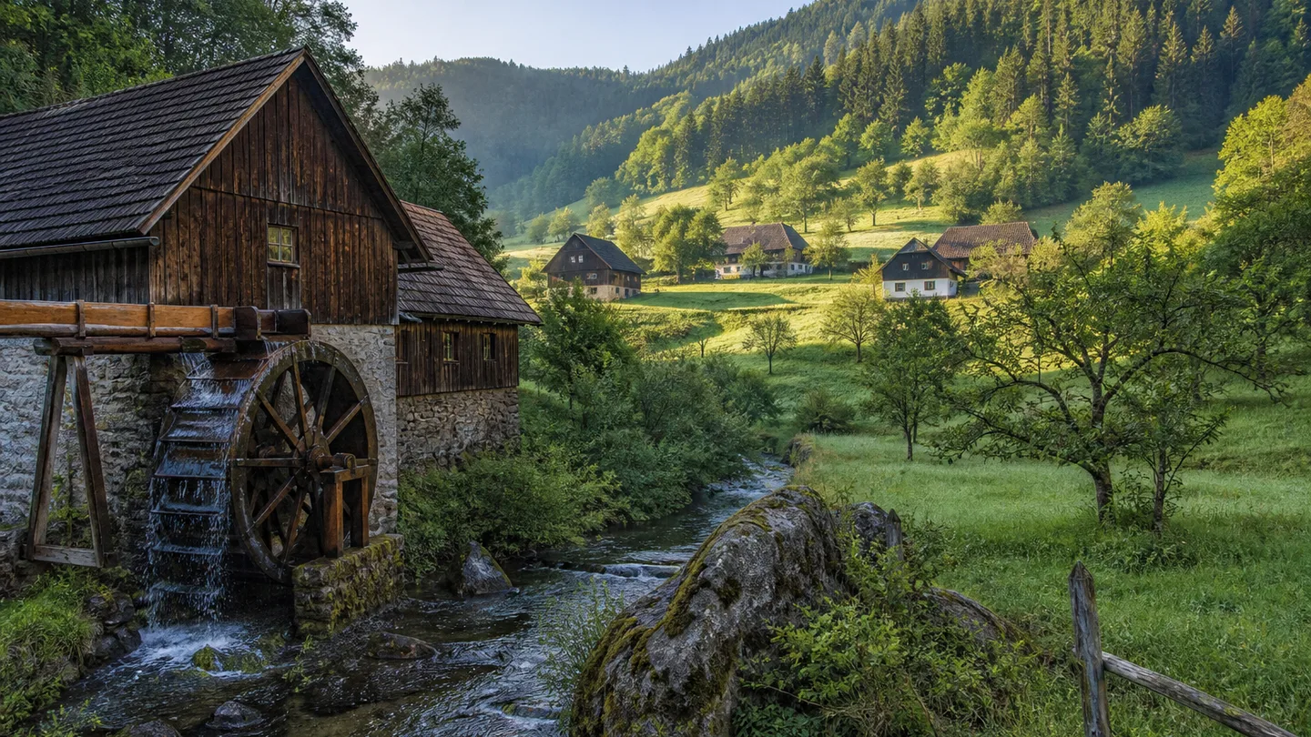 Ottenhöfen im Schwarzwald: Ottenhöfen im Schwarzwald: Ottenhöfener Mühlenweg: Schwarzwaldmühle an Bach und bewaldetem Talhang