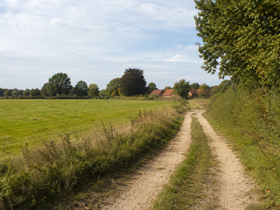 Otterstedter Geestrand: Sehr sanfte norddeutsche Geest mit Eichenhecken, Wiesen und sandigem ländlichen Spazierweg nahe einem Dorf aus niedrigen Backsteinhäusern