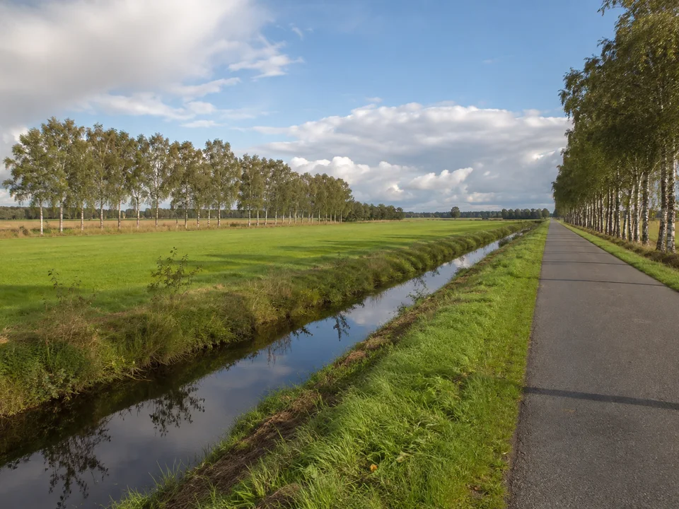Posthausener Moorlandschaft: Kultiviertes flaches ehemaliges Moor mit geradem Entwässerungsgraben, Birkenreihen, Feldern und langem befestigtem Feldweg