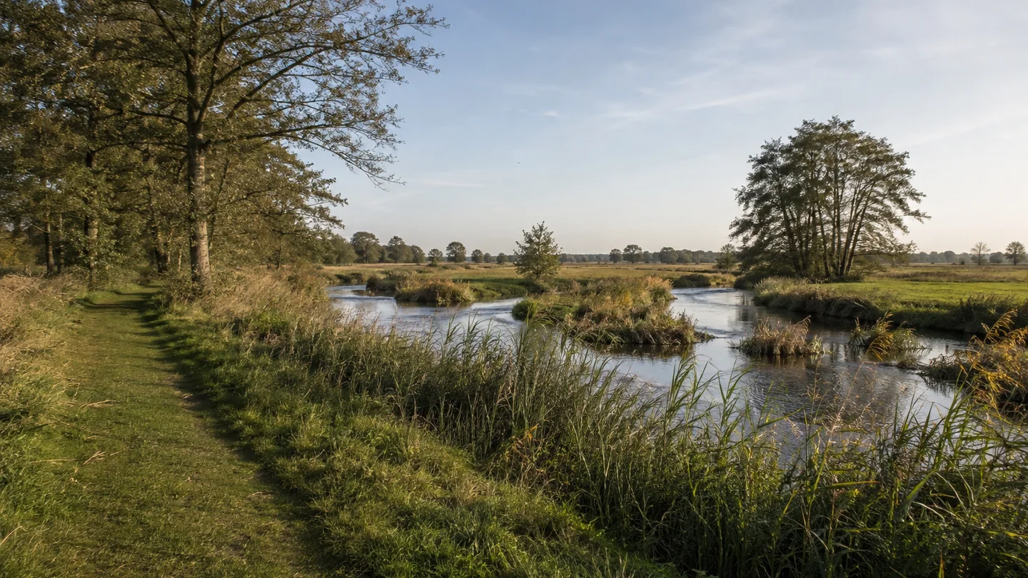 Ottersberg: Ottersberg ab Bahnhof: Breite flache Wiesenlandschaft mit kleinem sich teilenden Fluss, Schilf und alten Erlen, öffentlicher Grasrandweg