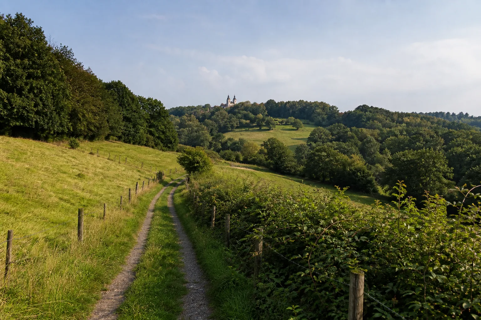 Wiesenweg mit Blick auf die Wallfahrtskirche von Marialinden