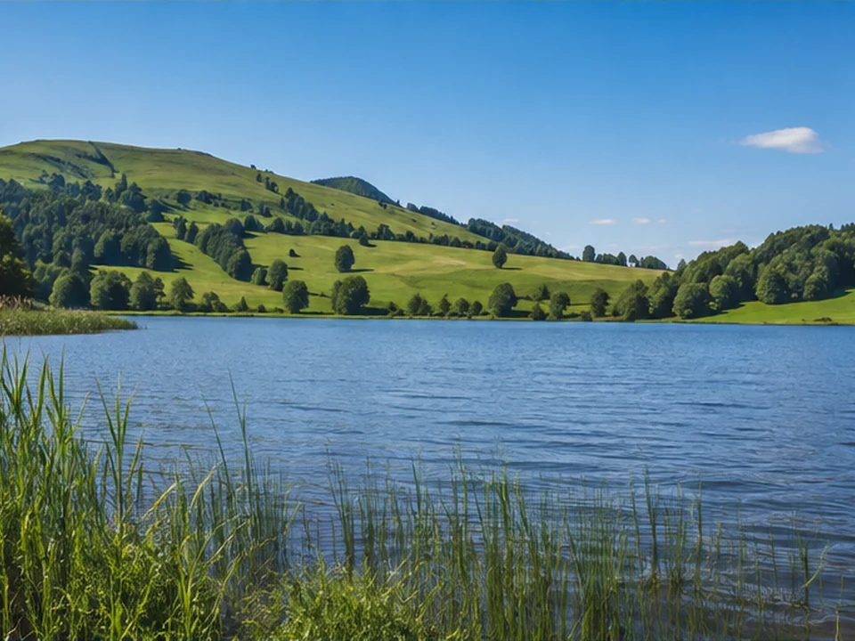 Rottachsee: Schilfufer und ruhiges Wasser zwischen Hügeln