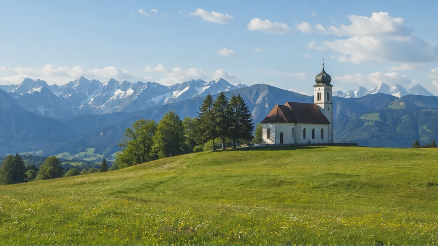 Oy-Mittelberg: Oy-Mittelberg: Mittelberger Höhe: Kapelle und Wiesen vor dem Alpenpanorama