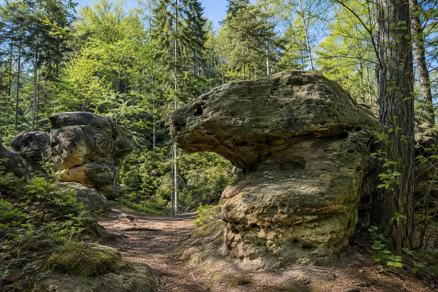 Töpfer und Steinzoo: bizarre Sandsteinformen im lichten Mischwald