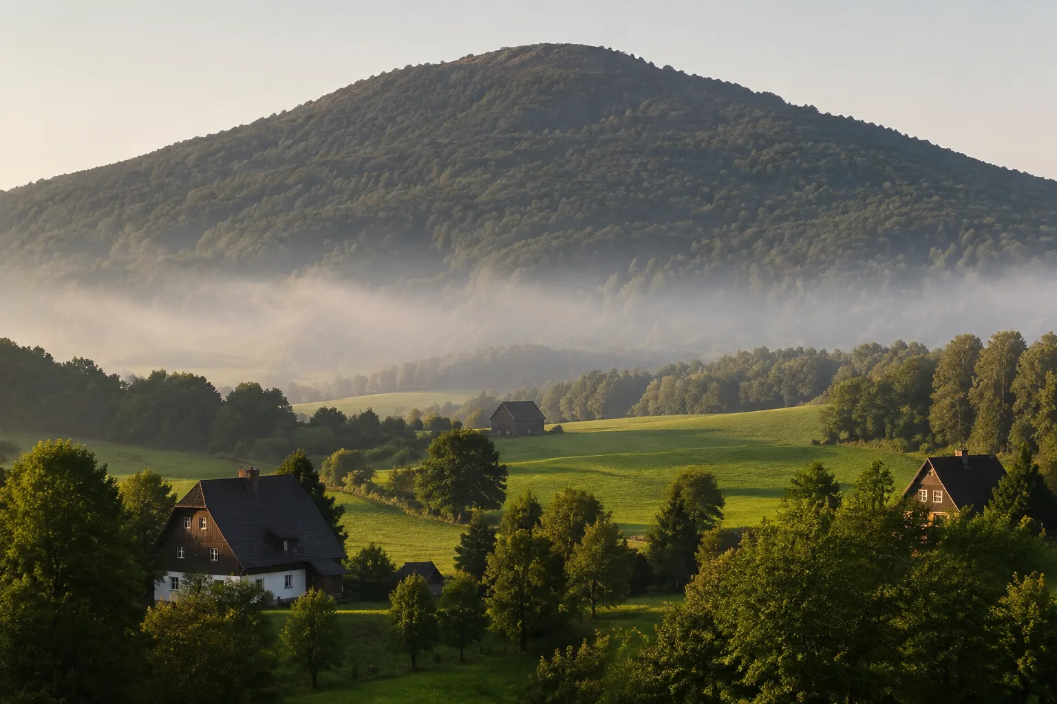 Hochwald bei Hain: bewaldeter Grenzberg über grünen Bergwiesen