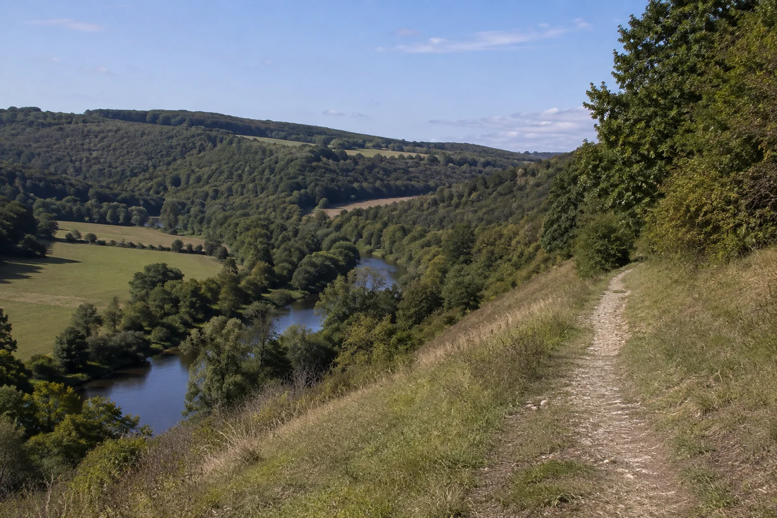 Panoramaweg Taubertal: Rothenburg – Würzburger Tor: Panoramaweg-Umfeld im oberen Taubertal: erhöhter Weg am Wiesenhang über einem kleinen Fluss und dichten Laubwaldstücken, keine Markierungsbehauptung.