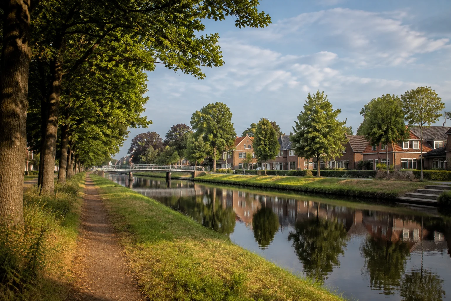 Papenburg: Papenburg Hauptkanal: Gerader Fehnkanal in Papenburg mit flachem Ufer, Backsteinbebauung im Hintergrund und kleinen Brücken