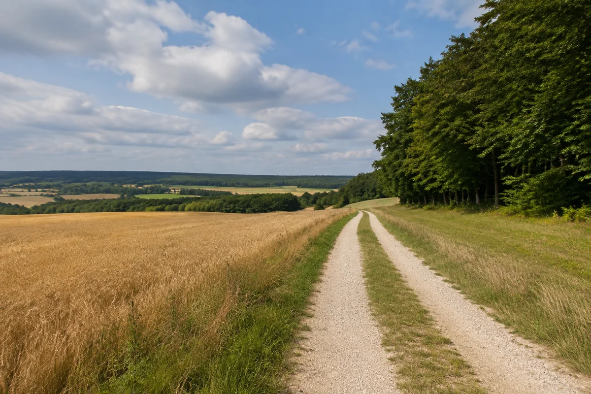 Jurahochfläche bei Bieswang mit weiten Getreidefeldern und Buchenwald, heller landwirtschaftlicher Weg.