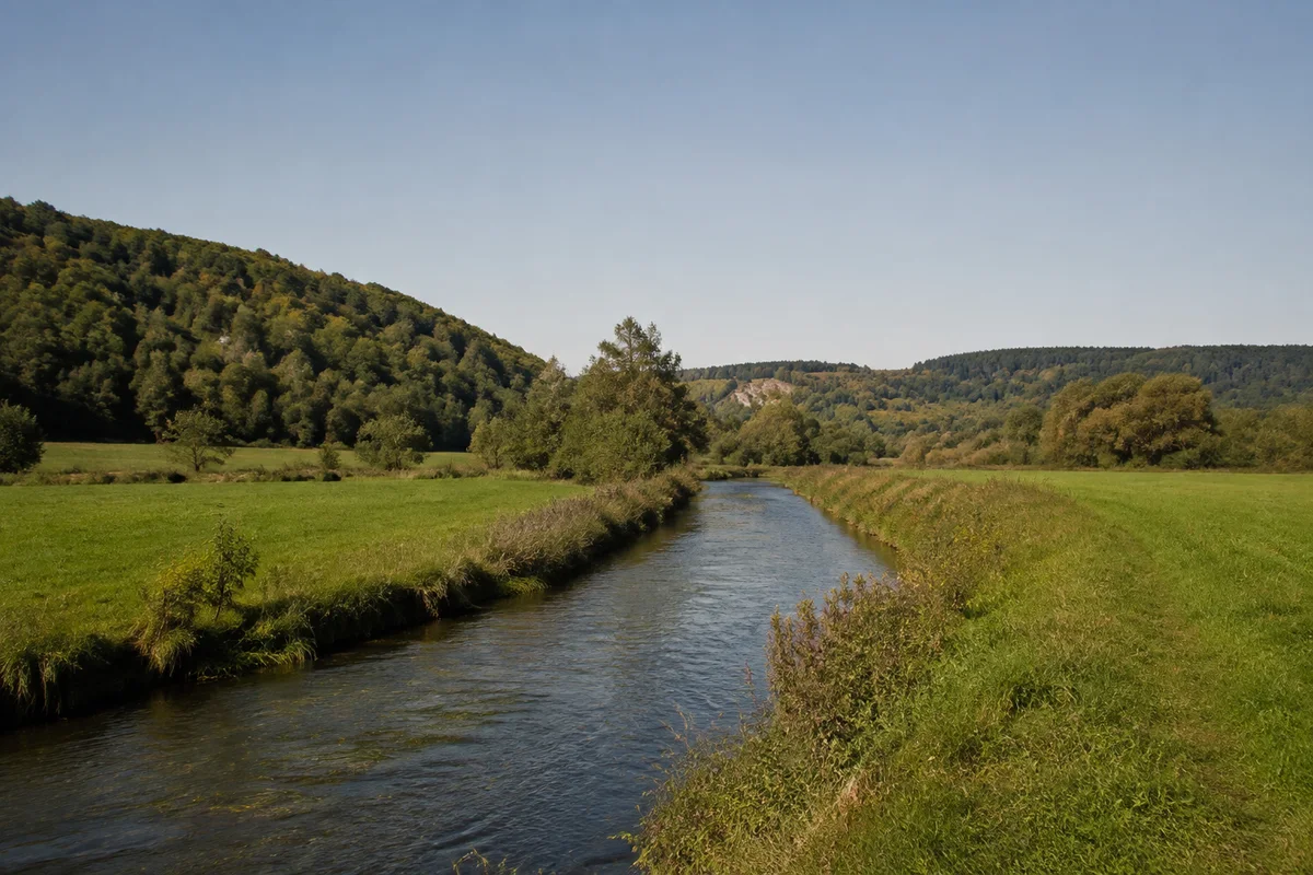 Grüne Talwiesen bei Darshofen mit schmalem mäandrierendem Fluss und niedrigen bewaldeten Jurarücken.