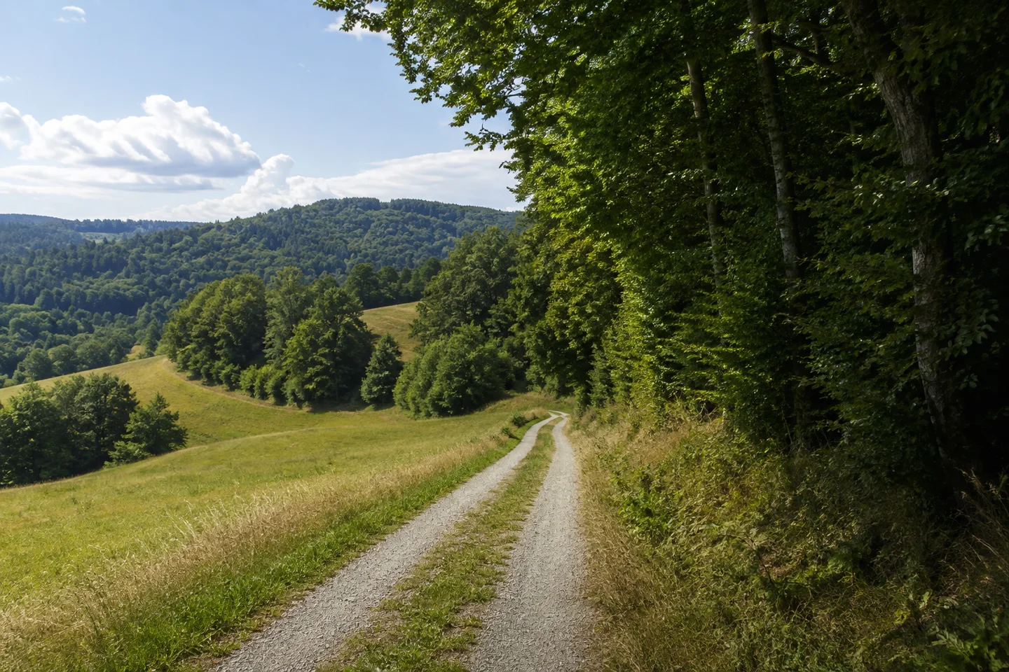Wiesenhänge bei Trockau nördlich Pegnitz, kleiner geschotterter Wirtschaftsweg zwischen Wiesen und Buchenwald, sanftes bewaldetes Mittelgebirgsrelief.