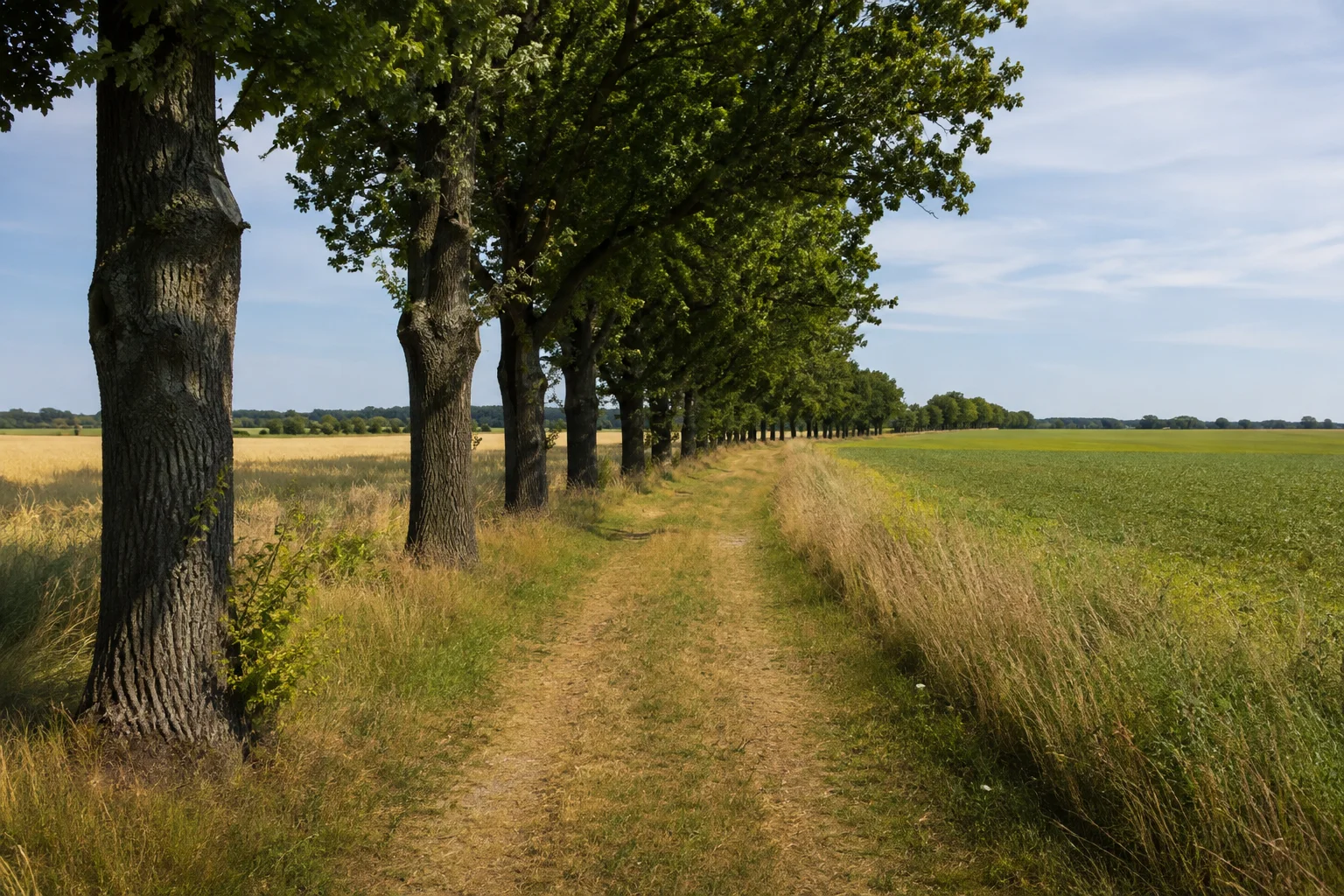 Groß Buchholzer Felder: ebener Wiesenweg mit Eichenreihen und weitem Agrarland
