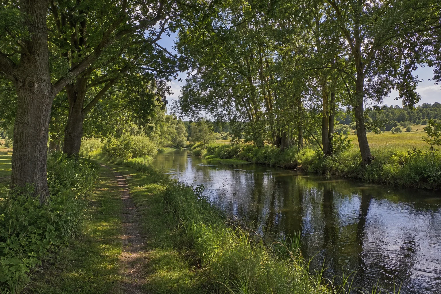 Perleberg: Perleberger Stepenitzufer: kleiner Fluss unter alten Laubbäumen mit einem grünen Spazierweg