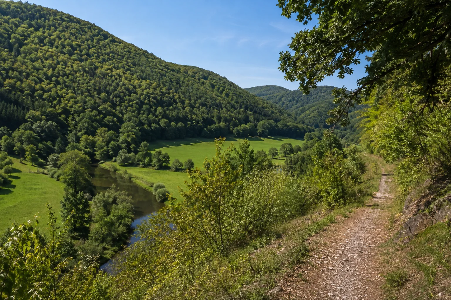 Lautertal bei Wolfstein: schmales Flusstal mit grünen Wiesen und kräftigen rundlichen bewaldeten Hängen, kein Alpenpanorama.