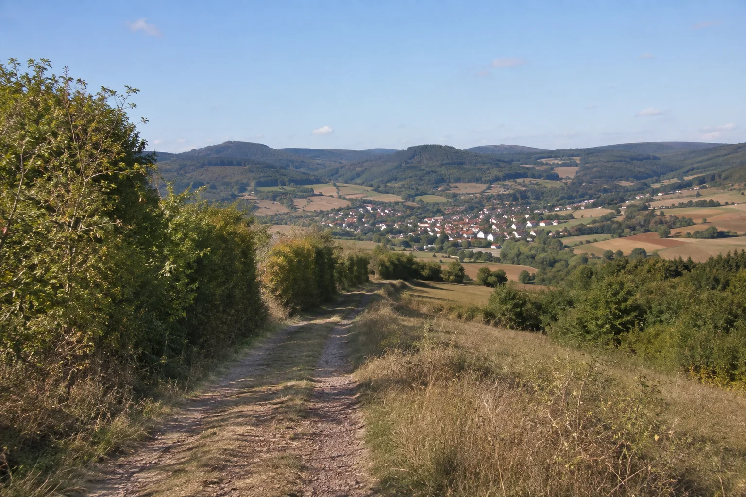 Reipoltskirchener Höhen: Feldweg mit Hecken über offenen pfälzischen Hügeln und einem kleinen Talort in der Ferne.