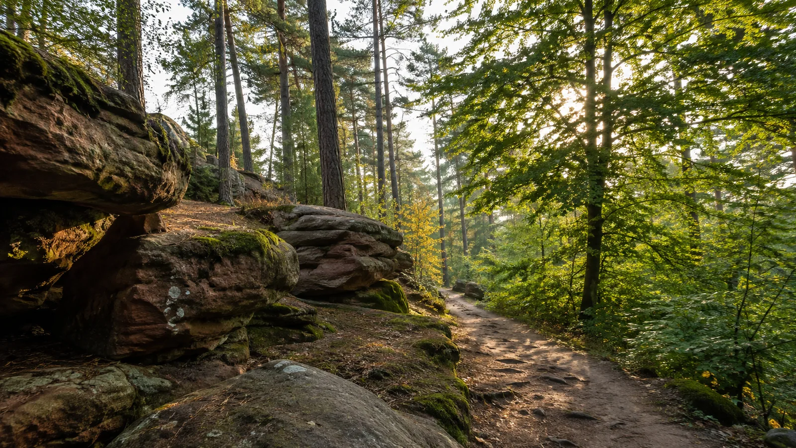 Dahner Felsenland: rote Felsriffe im südlichen Wald