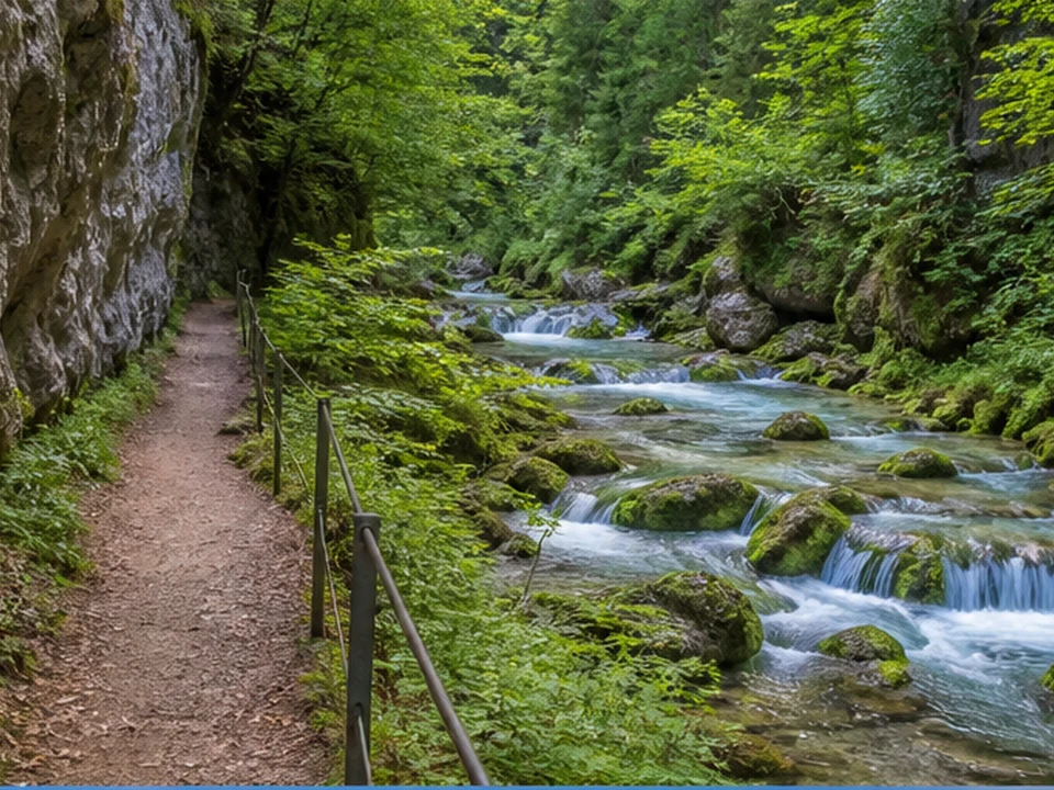Höllschlucht: schattiger Waldbach zwischen moosigen Felsen