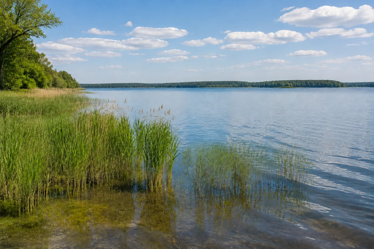 Plauer See bei Quetzin mit weitem Wasser, Schilf und bewaldetem Horizont