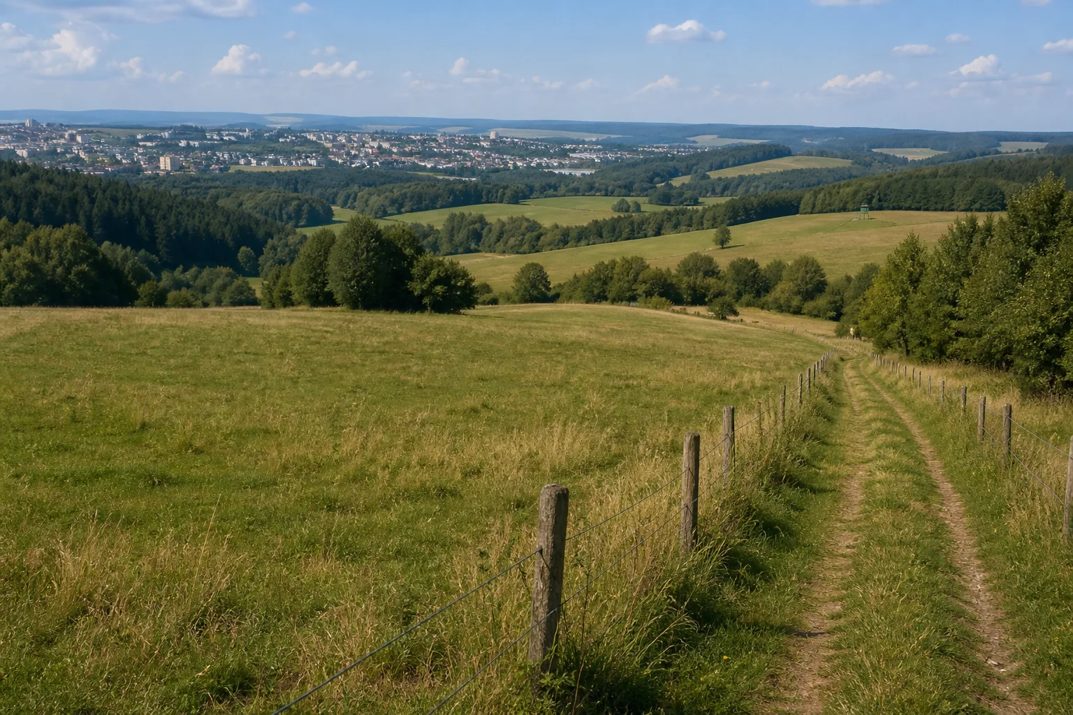 Plauen: Jößnitzer Wiesen: welliges Grünland nördlich von Plauen mit Baumgruppen und niedrigem Waldhorizont