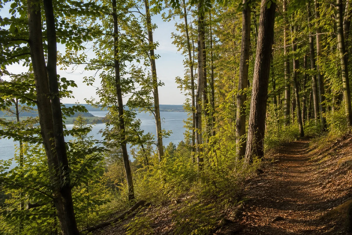 Mischwald am niedrigen Hang über Ramsberg mit Blick zwischen Bäumen auf den Großen Brombachsee.